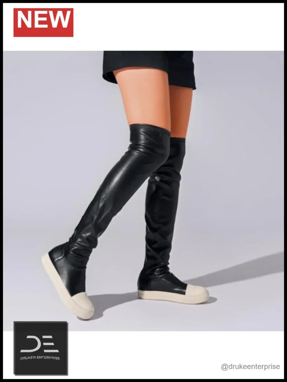 Thigh High Boots for Women Flat Over The Knee Round Toe PU Leather